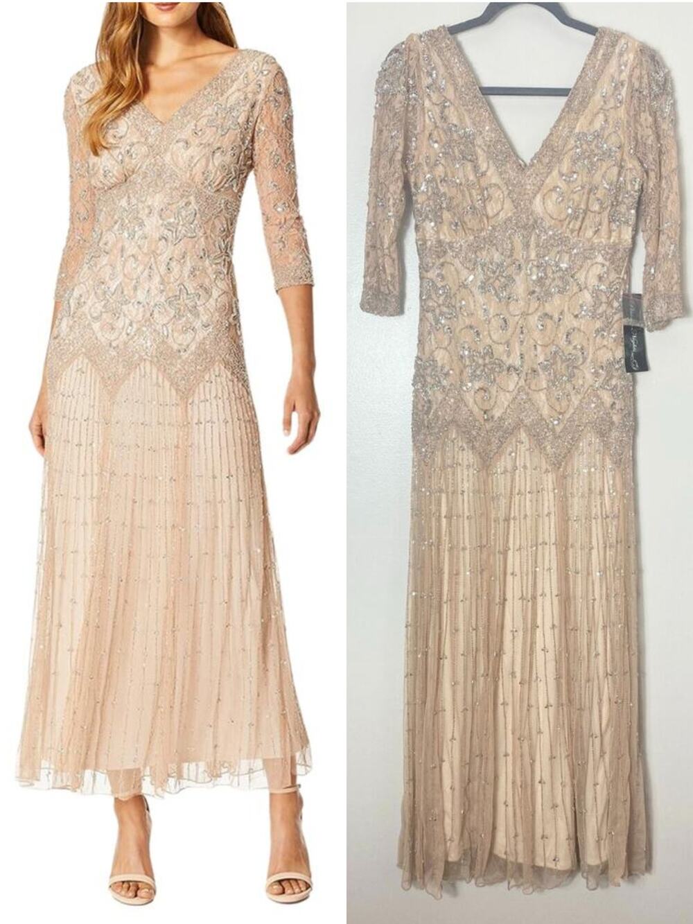 Pisarro Nights Dress 2 Tan Lace Sequin Beaded Wedding Guest Mother of the Bride